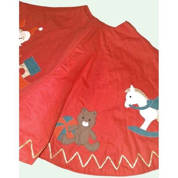 Vintage Red Christmas Tree Skirt With Appliqué Santa Bear Toys Gold Zigzag Trim - Picture 3 of 9
